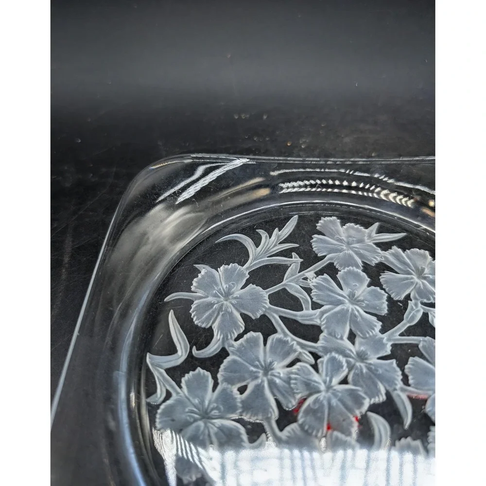 Vintage Bahamas Princess Frosted Floral Clear Glass Square‎ Serving Tray Dish